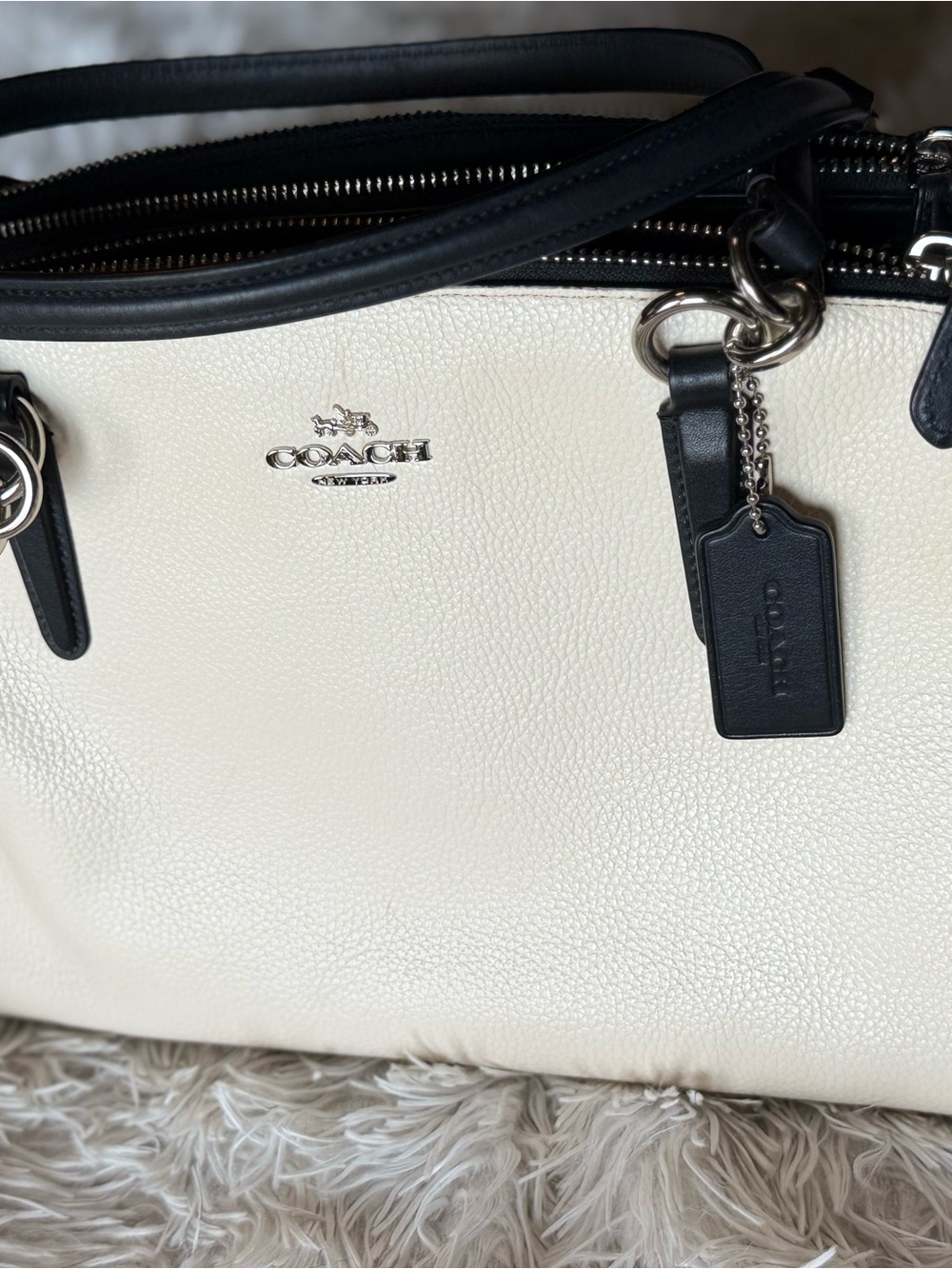 Coach Cream and Black Pebbled Leather Shoulder Bag
